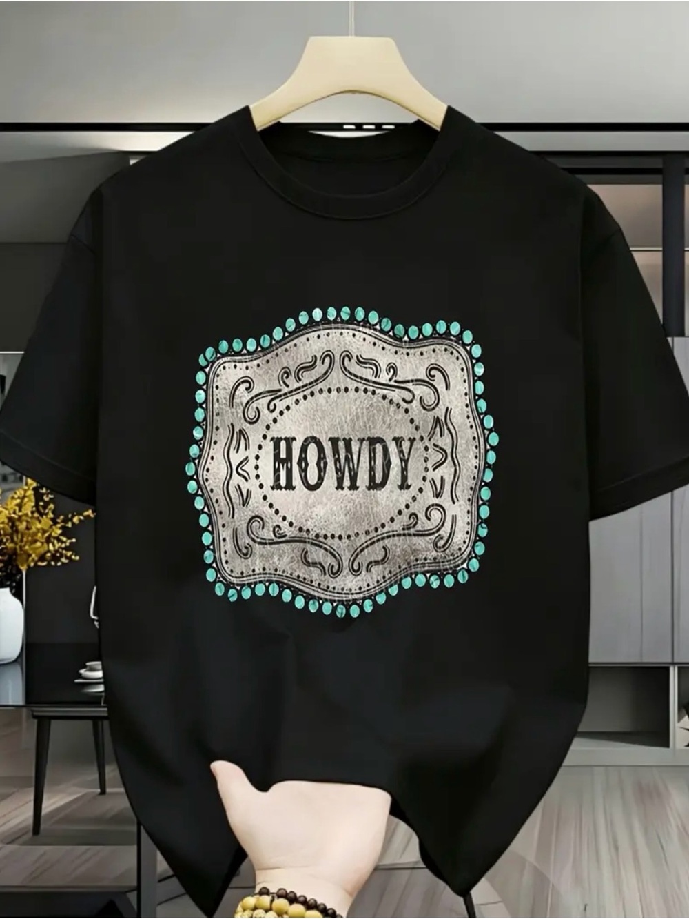 Howdy Graphic Tee - Black with Turquoise Accents